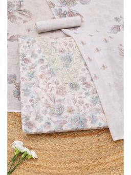 Soch - White Linen Floral Printed Unstitched Top and Bottom with Dupatta