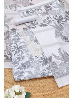 Soch - Off White Linen Botanical Printed Unstitched Top and Bottom with Dupatta