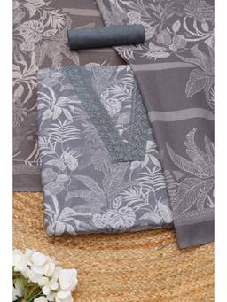 Soch - Charcoal Linen Botanical Printed Unstitched Top and Bottom with Dupatta