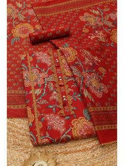 Soch - Maroon Cotton Floral Printed Unstitched Top and Bottom with Dupatta
