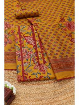 Soch - Mustard Cotton Floral Printed Unstitched Top and Bottom with Dupatta