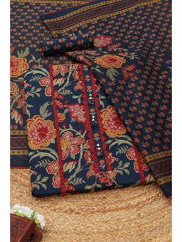 Soch - Navy Blue Cotton Floral Printed Unstitched Top and Bottom with Dupatta