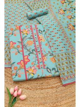 Soch - Powder Blue Cotton Floral Printed Unstitched Top and Bottom with Dupatta