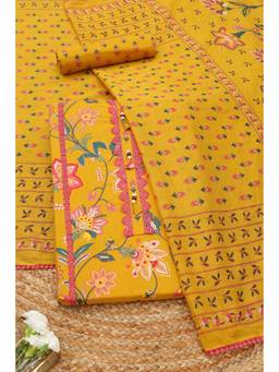 Soch - Yellow Cotton Floral Printed Unstitched Top and Bottom with Dupatta