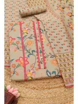 Soch - Beige Cotton Floral Printed Unstitched Top and Bottom with Dupatta