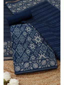 Soch - Navy Blue Maheshwari Silk Ikat Printed Unstitched Top and Bottom with Dupatta