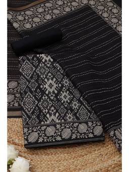 Soch - Black Maheshwari Silk Ikat Printed Unstitched Top and Bottom with Dupatta