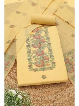 Soch - Yellow Chanderi Botanical Woven Unstitched Top and Bottom with Dupatta