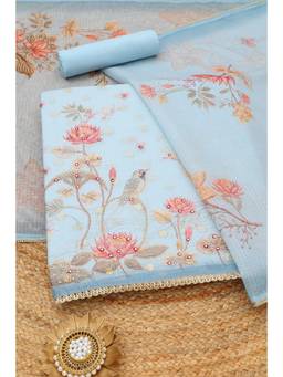 Soch - Powder Blue Kota Faux Mirror Work Printed Unstitched Top and Bottom with Dupatta