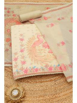 Soch - Beige Kota Bird Faux Mirror Work Printed Unstitched Top and Bottom with Dupatta
