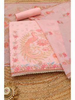Soch - Peach Kota Bird Faux Mirror Work Printed Unstitched Top and Bottom with Dupatta