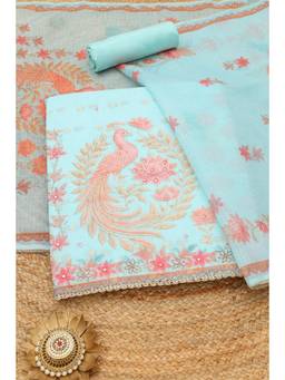 Soch - Powder Blue Kota Bird Faux Mirror Work Printed Unstitched Top and Bottom with Dupatta