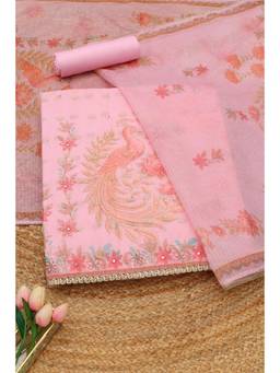 Soch - Blush Pink Kota Bird Faux Mirror Work Printed Unstitched Top and Bottom with Dupatta