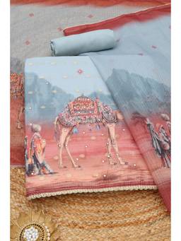 Soch - Powder Blue Kota People And Place Printed Unstitched Top and Bottom with Dupatta