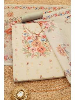 Soch - Beige Kota Botanical Printed Unstitched Top and Bottom with Dupatta