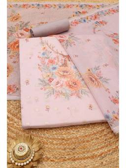 Soch - Blush Pink Kota Botanical Printed Unstitched Top and Bottom with Dupatta