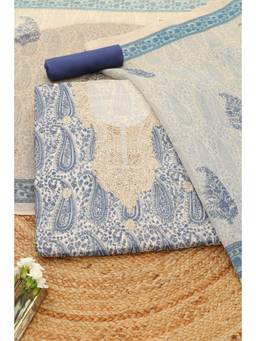 Soch - Indigo Linen Shimmer Paisley Kantha Embroidery Unstitched Top and Bottom with Dupatta
