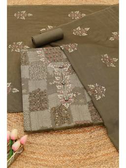 Soch - Olive Jam Cotton Botanical Printed Unstitched Top and Bottom with Dupatta