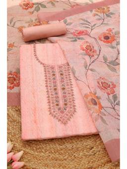 Soch - Peach Linen Shimmer Floral Printed Unstitched Top and Bottom with Dupatta