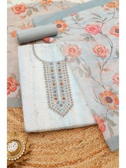 Soch - Powder Blue Linen Shimmer Floral Printed Unstitched Top and Bottom with Dupatta