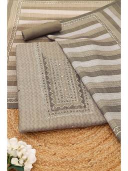 Soch - Beige Linen Shimmer Chevrons Printed Unstitched Top and Bottom with Dupatta