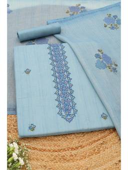 Soch - Blue Linen Shimmer Botanical Printed Unstitched Top and Bottom with Dupatta
