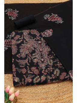 Soch - Black Modal Silk Botanical Printed Unstitched Top and Bottom with Dupatta