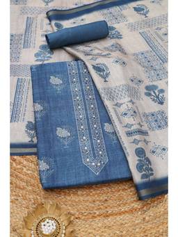Soch - Indigo Art Tussar French Knot Printed Unstitched Top & Bottom with Dupatta