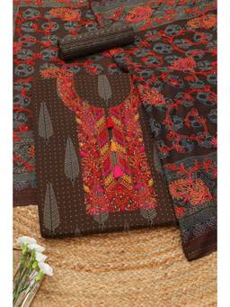 Soch - Brown Cotton Motifs Printed Unstitched Top and Bottom with Dupatta