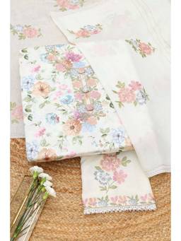 Soch - White Modal Silk Floral Printed Unstitched Top and Bottom with Dupatta
