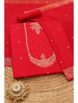 Soch - Red Russian Silk Zari Woven Unstitched Top and Bottom with Dupatta