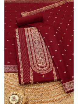 Soch - Maroon Russian Silk Ethnic Motifs Zari Woven Unstitched Top and Bottom with Dupatta