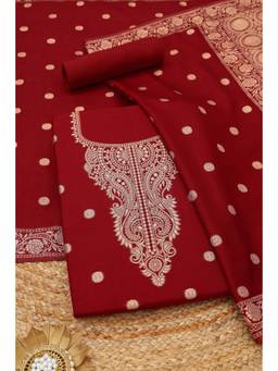Soch - Maroon Russian Silk Ethnic Motifs Zari Woven Unstitched Top and Bottom with Dupatta