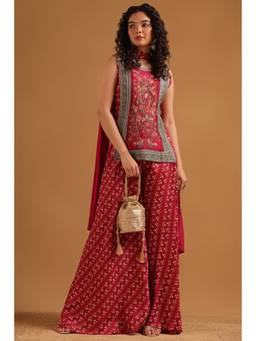 Soch - Red Russian Silk Botanical Printed Kurta With Palazoo & Dupatta