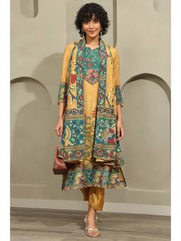 Soch - Mustard Muslin Botanical Printed Kurta With Pant & Dupatta
