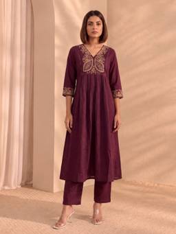 Autumnlane - Maroon Mishka caramel embroidery Cotton kurta With Pant