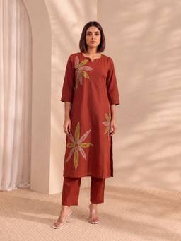 Autumnlane - Rust Mishka saffron Floral Printed Cotton kurta With Pant