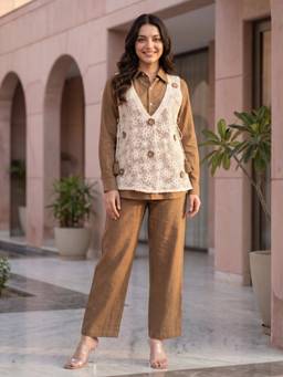Autumnlane - Brown Opela Espresso embroidery bib style Shirt With Jacket & Pant