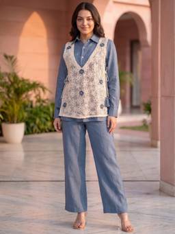 Autumnlane - Opela indi embroidery bib style Shirt With Jacket & Pant