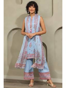 Soch - Blue Linen Botanical Printed Kurta With Palazzo & Dupatta