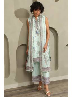 Soch - Light Green Linen Botanical Printed Kurta With Palazzo & Dupatta