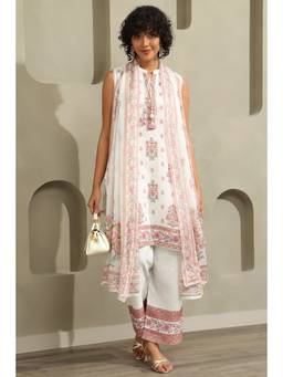 Soch - White Linen Botanical Printed Kurta With Palazzo & Dupatta