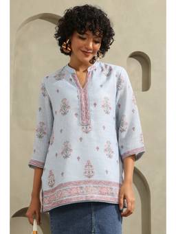 Soch - Powder Blue Linen Botanical Printed Tunic With Pearl