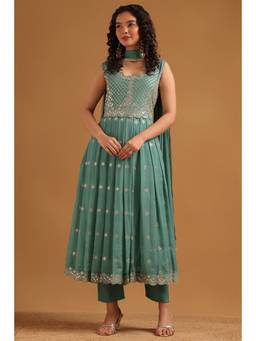 Soch - Green Mirror Work Anarkali Kurta With Pant & Dupatta & Pair of Unstitched Sleeves