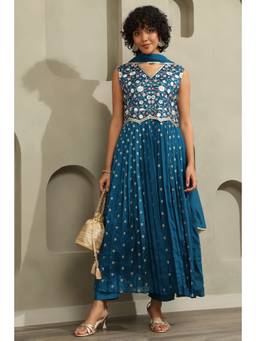 Soch - Blue Chinon Floral Anarkali Kurta With Pant & Dupatta & Pair of Unstitched Sleeves