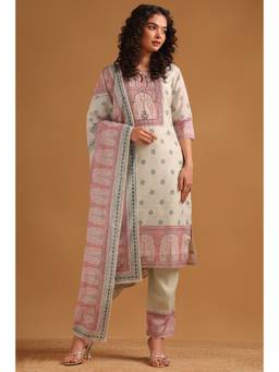 Soch - Off White Chanderi Botanical Printed Kurta With Pant & Dupatta