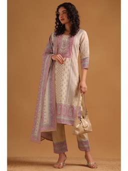 Soch - Beige Chanderi Paisley Printed Kurta With Pant & Dupatta