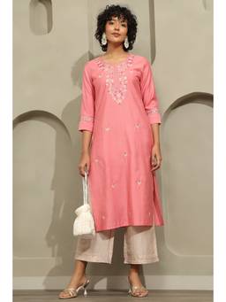 Soch - Pink Desert Storm Floral Embroidered Kurta With Mirror Work