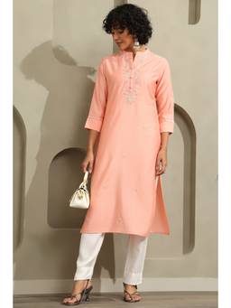 Soch - Peach Viscose Blend Ethnic Motifs Embroidered Kurta