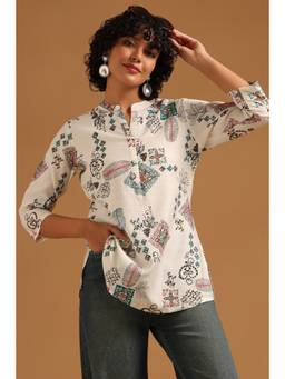 Soch - Off White Viscose Blend Ethnic Motifs Printed Tunic